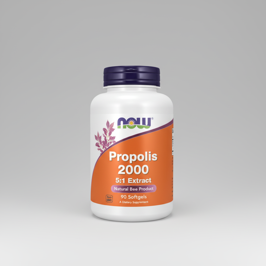 Supplement bottle labeled 'Propolis 2000' with Now brand on a white background