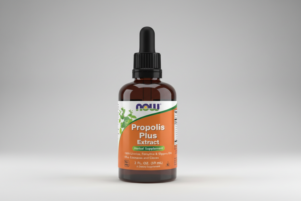 Bottle of Now Propolis Plus Extract herbal supplement with dropper on a white background