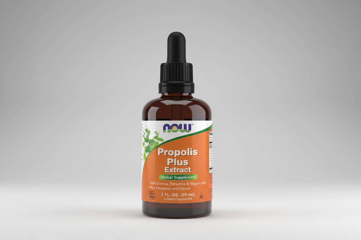 Bottle of Now Propolis Plus Extract herbal supplement with dropper on a white background