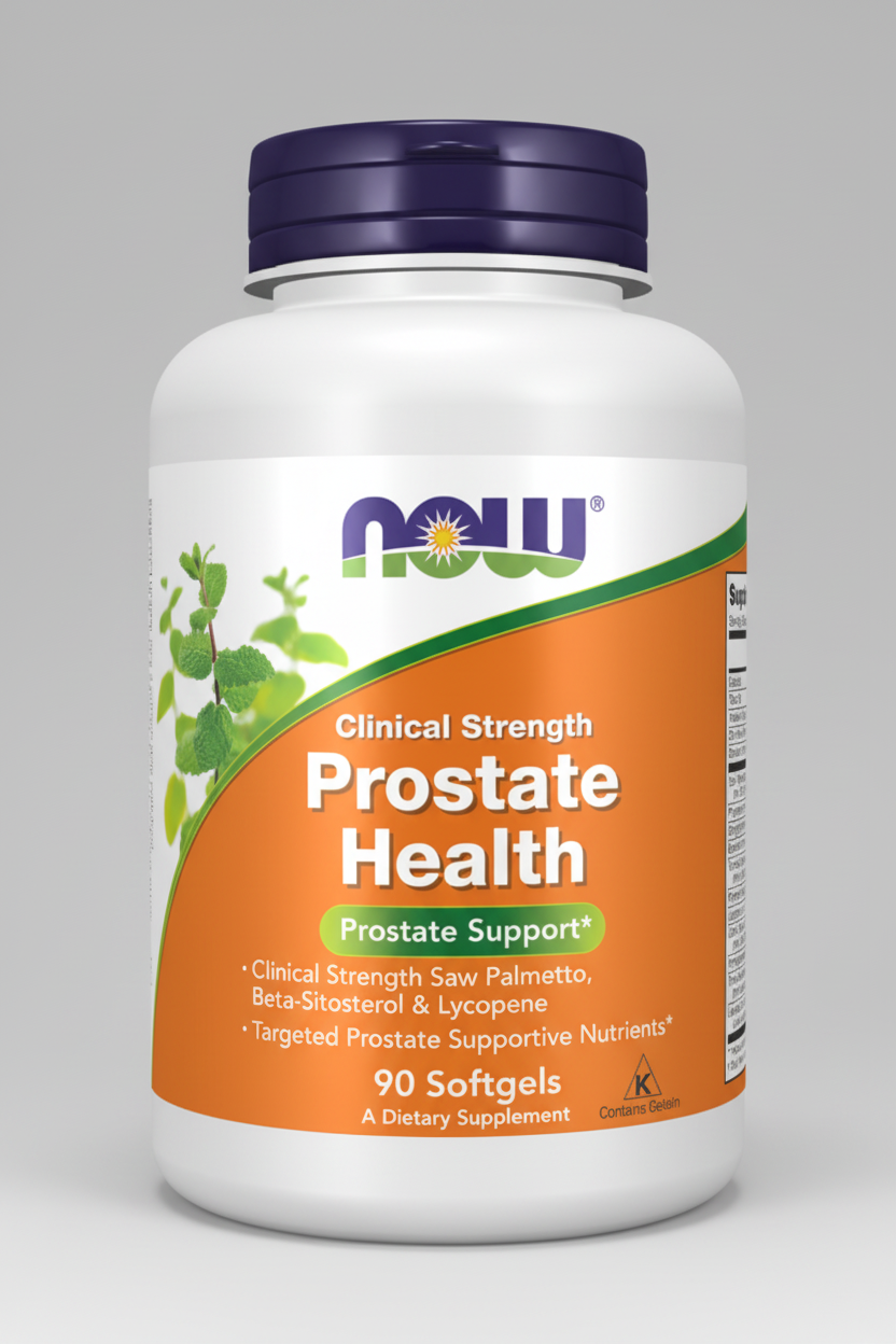 Supplement bottle labeled 'Clinical Strength Prostate Health' by NOW on a white background