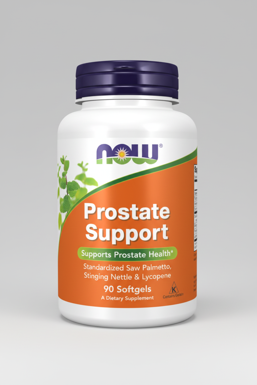 Supplement bottle labeled 'Prostate Support' with NOW brand on an orange and white background
