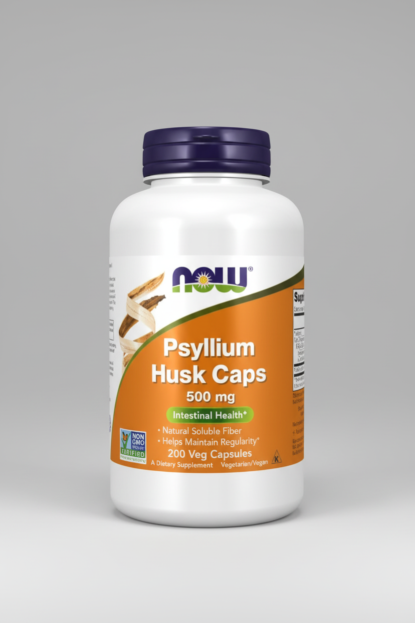 Supplement bottle of Psyllium Husk Capsules with NOW brand label on a white background