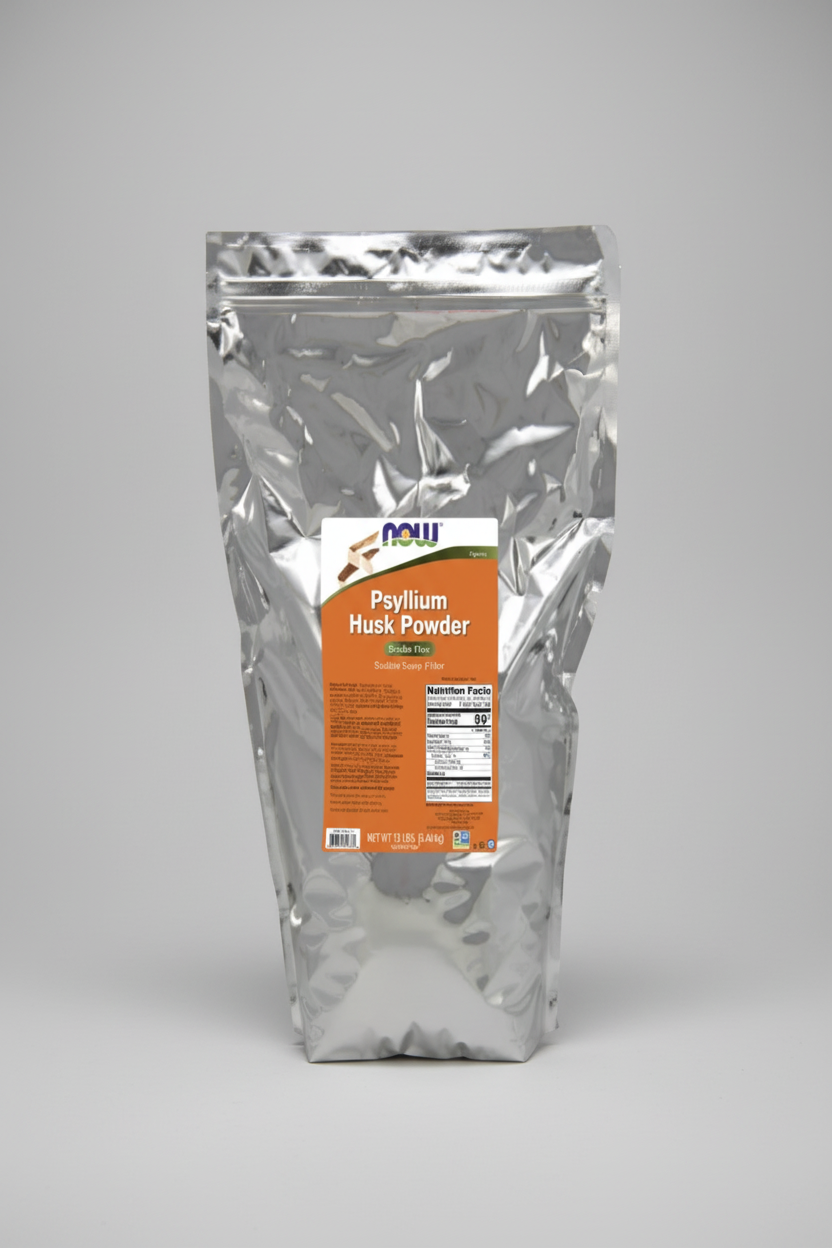 Pouch of NOW Foods Psyllium Husk Powder with label on a white background