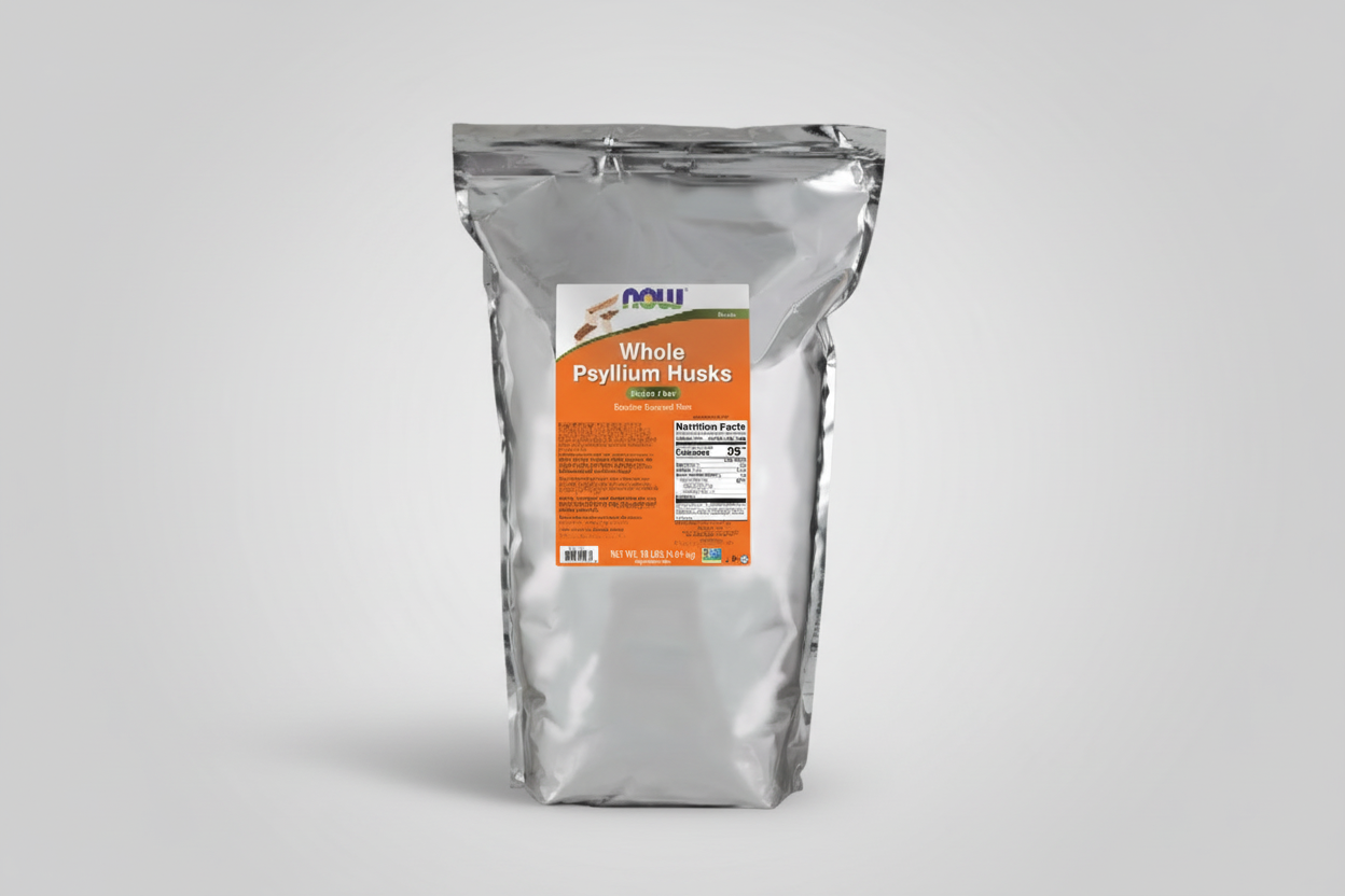 Bag of NOW Whole Psyllium Husks on a white background