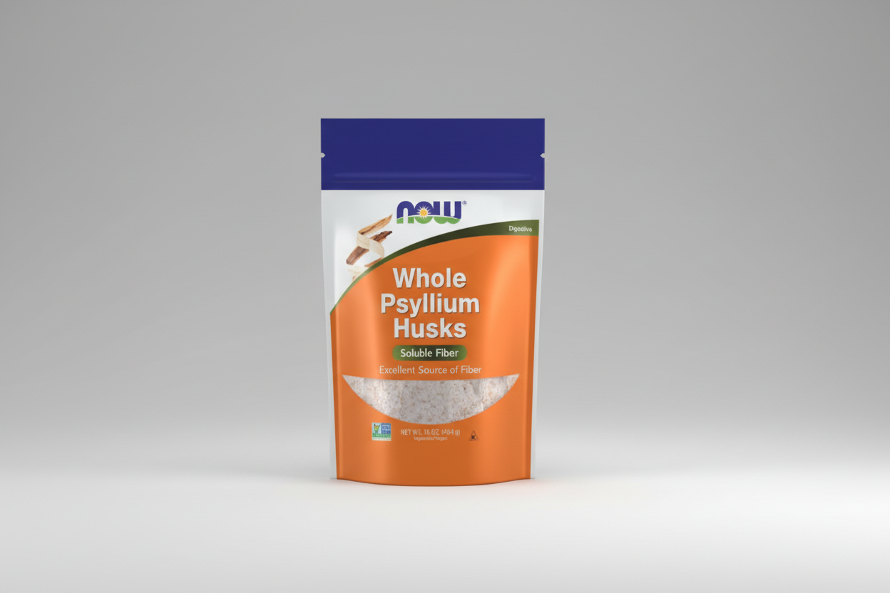 Package of NOW Whole Psyllium Husks on a white background