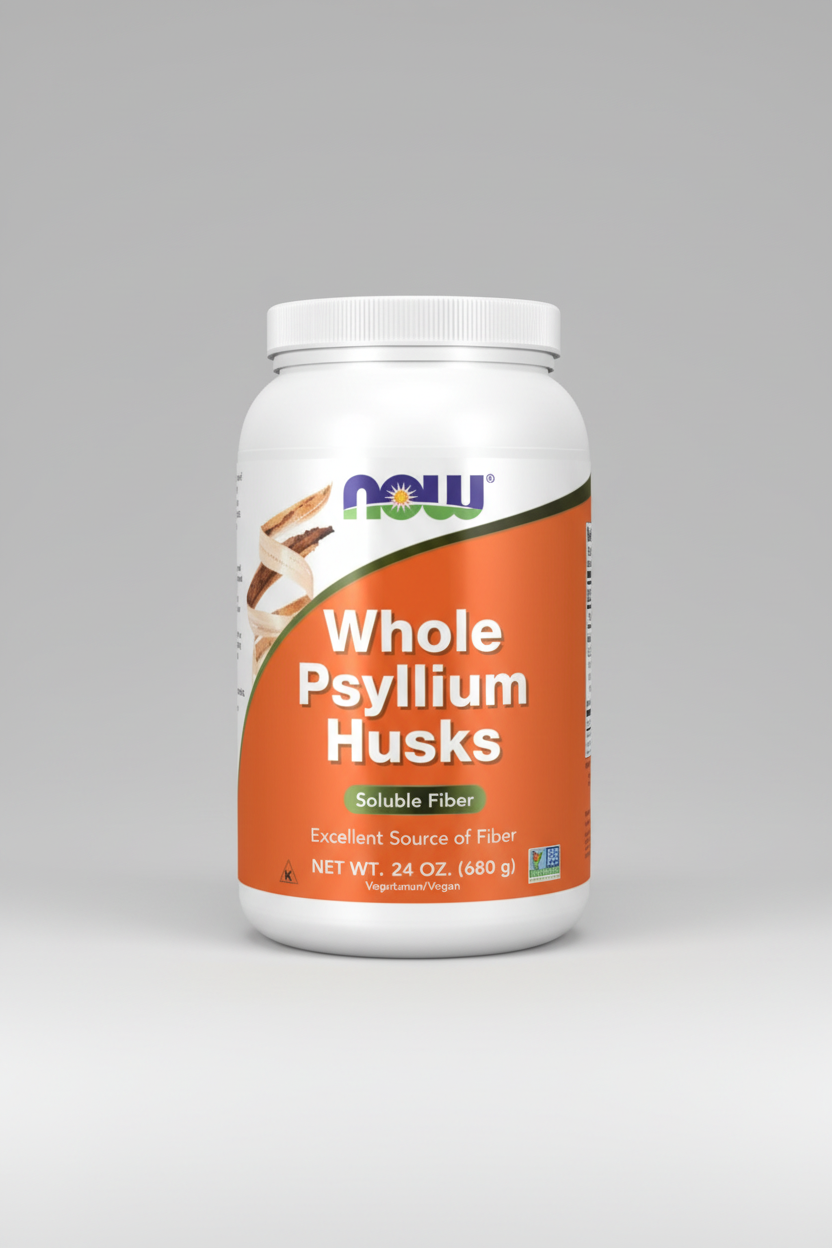 Container of NOW Whole Psyllium Husks with a white lid on an orange background