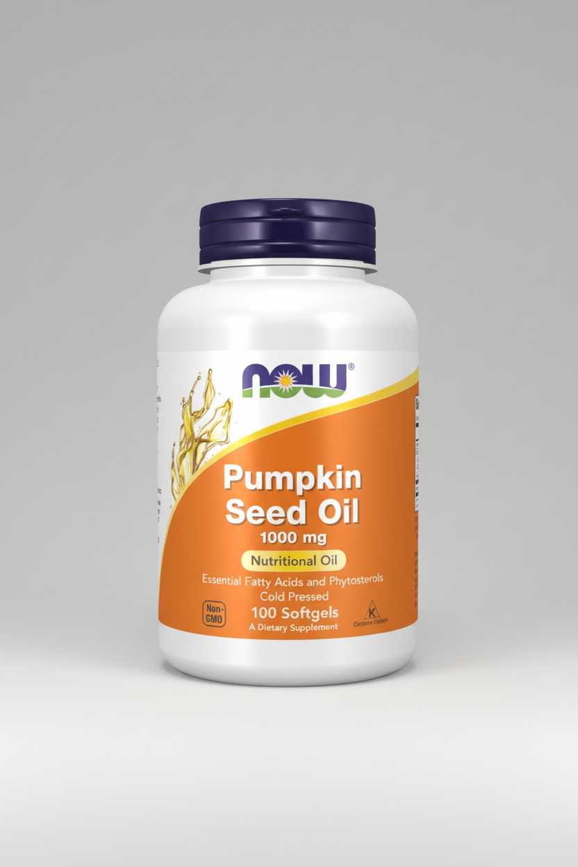 Supplement bottle of Pumpkin Seed Oil with NOW brand on a white background