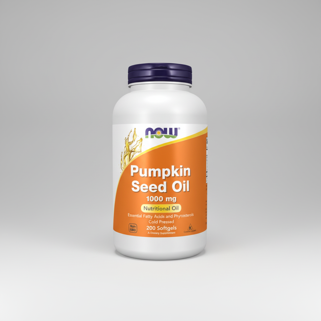 Supplement bottle labeled 'Pumpkin Seed Oil' with Now brand on a white background