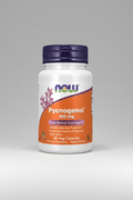 Supplement bottle labeled 'Pycnogenol' with Now brand on a white background