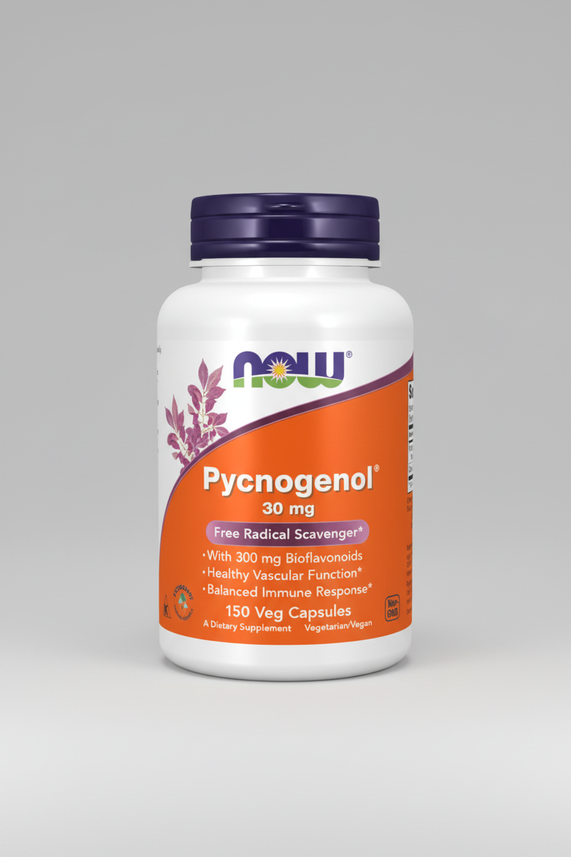 Supplement bottle labeled 'Pycnogenol' with NOW brand on a white background