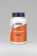 Supplement bottle labeled 'Pycnogenol' with NOW brand on a white background