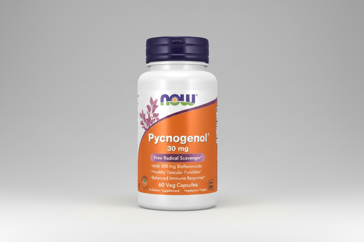 Supplement bottle labeled 'Pycnogenol' with NOW brand on a white background