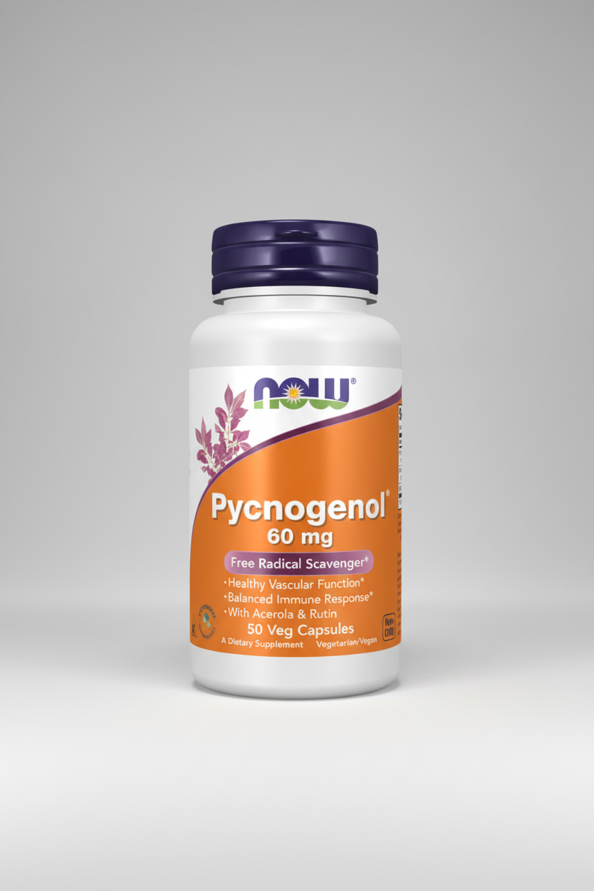 Supplement bottle labeled 'Pycnogenol' with NOW brand on a white background