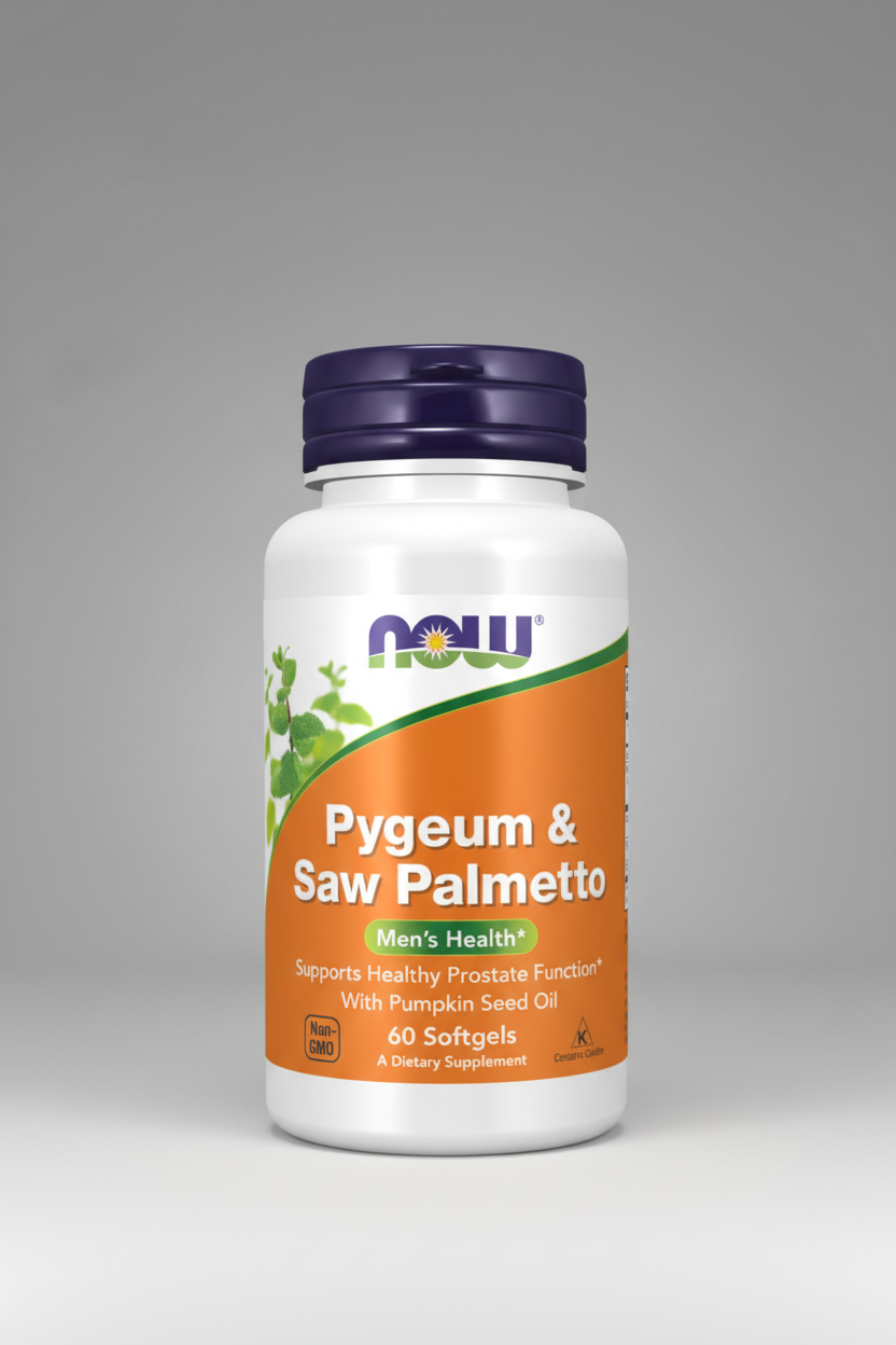 Supplement bottle labeled 'Pygeum & Saw Palmetto' by NOW on an orange background