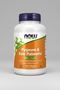 Supplement bottle labeled 'Pygeum & Saw Palmetto' by NOW on a white background