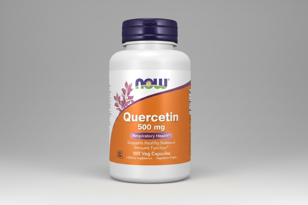Supplement bottle labeled 'Quercetin 500 mg' with NOW brand on a white background