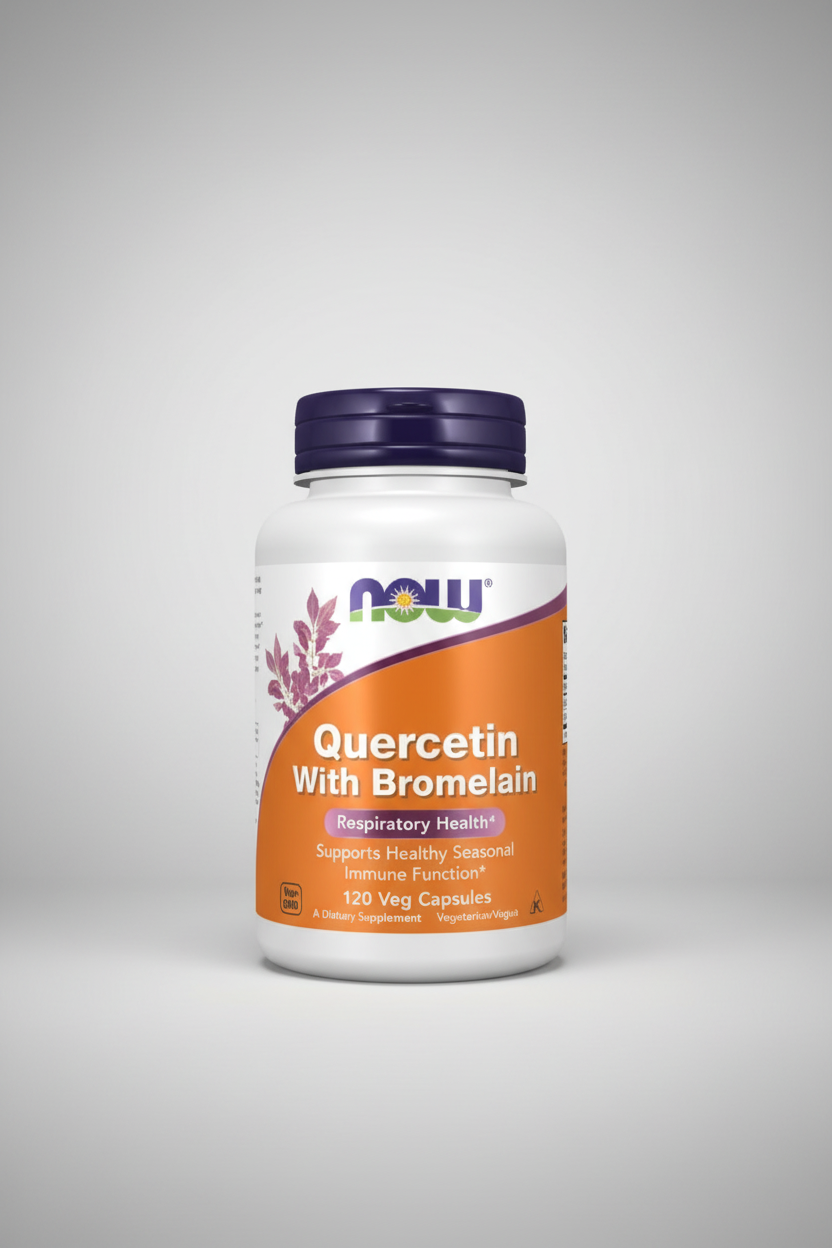 Supplement bottle labeled 'Quercetin with Bromelain' by NOW on a white background