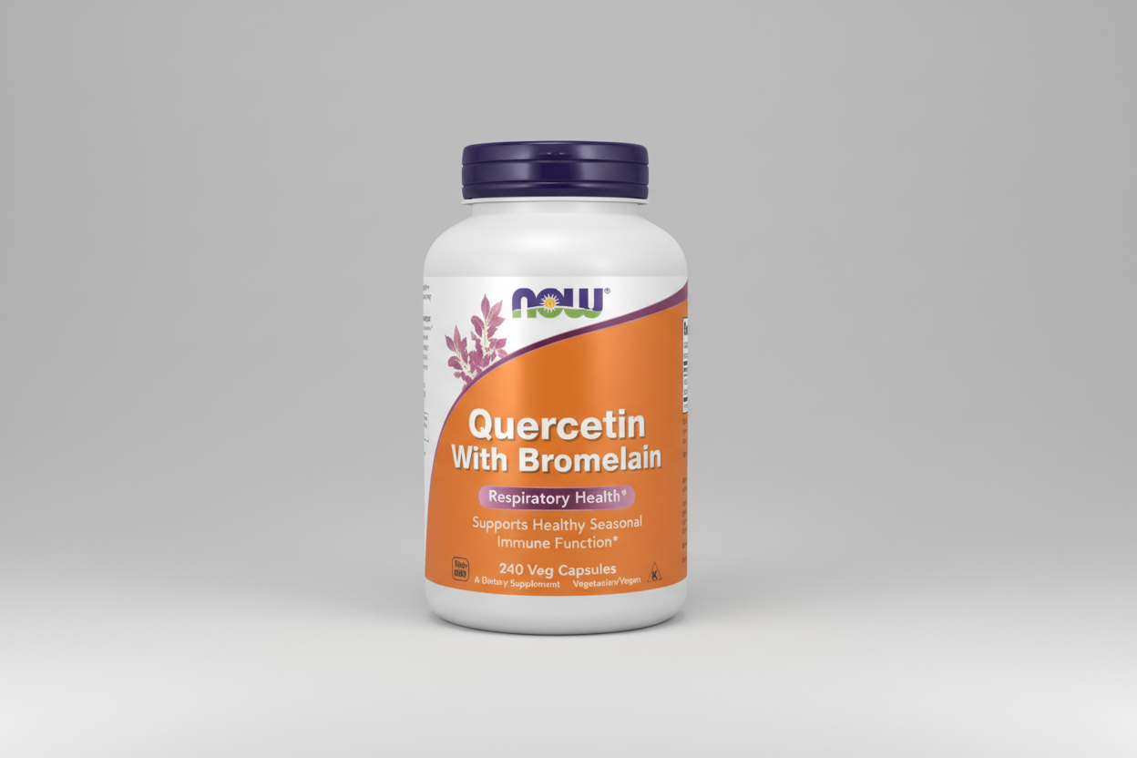 Supplement bottle labeled 'Quercetin with Bromelain' by NOW on a white background
