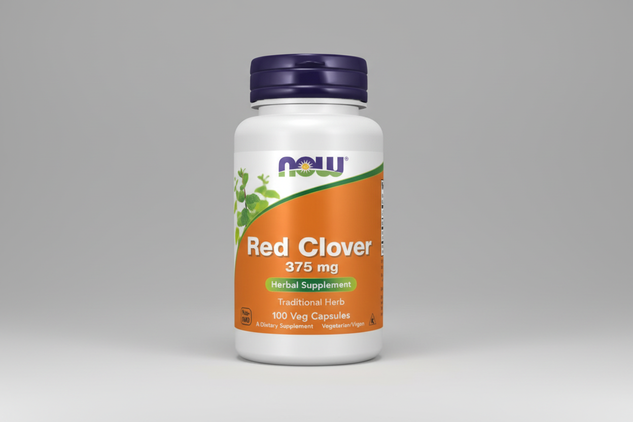 Supplement bottle labeled 'Red Clover' with Now Foods branding on an orange background.