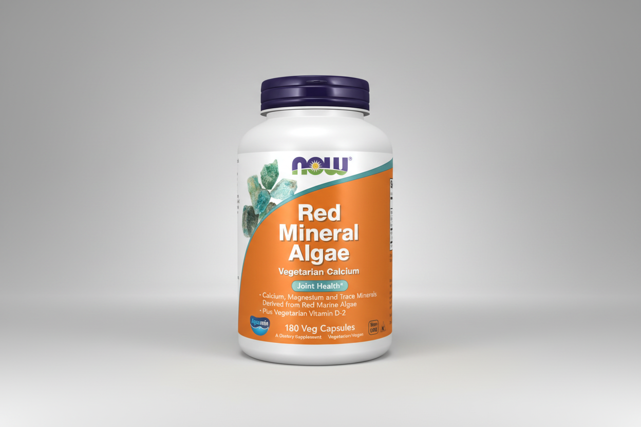 Supplement bottle labeled 'Red Mineral Algae' with NOW brand on a white background
