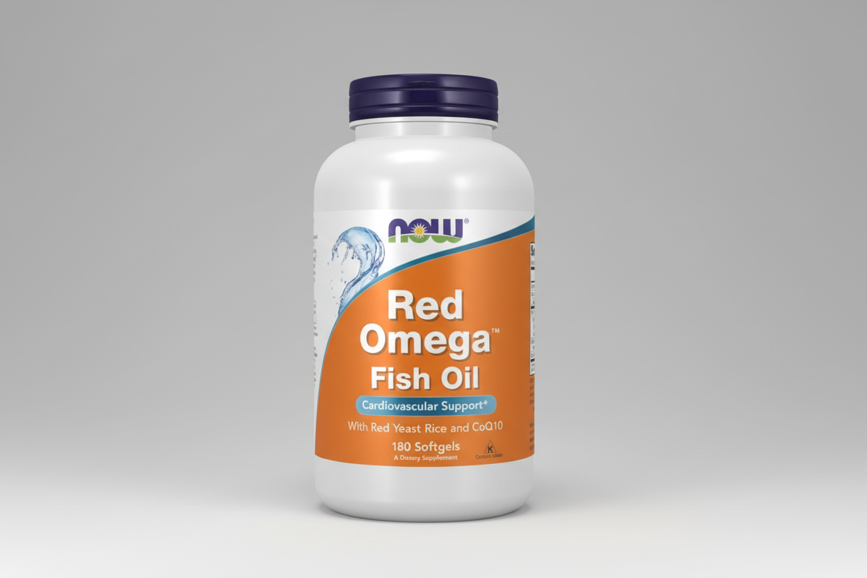 Supplement bottle of Red Omega Fish Oil with NOW brand on a white background