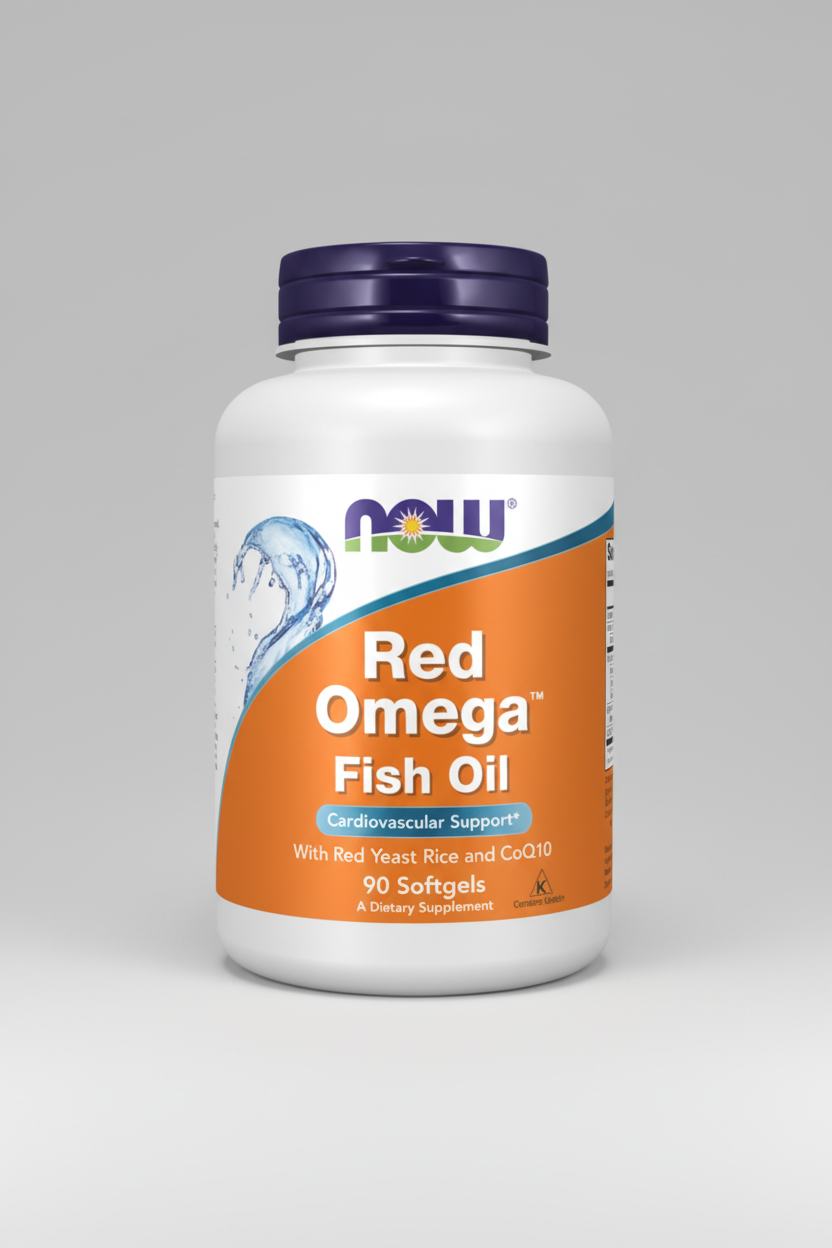 Supplement bottle labeled 'Red Omega Fish Oil' with NOW brand on a white background