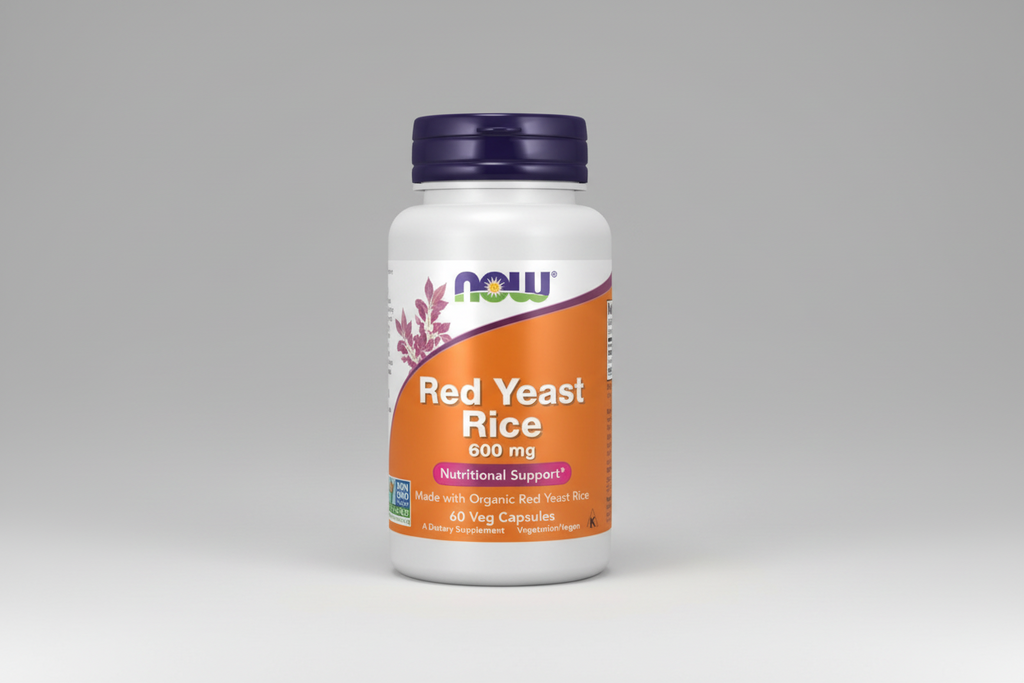 Supplement bottle labeled 'Red Yeast Rice' with NOW brand on a white background