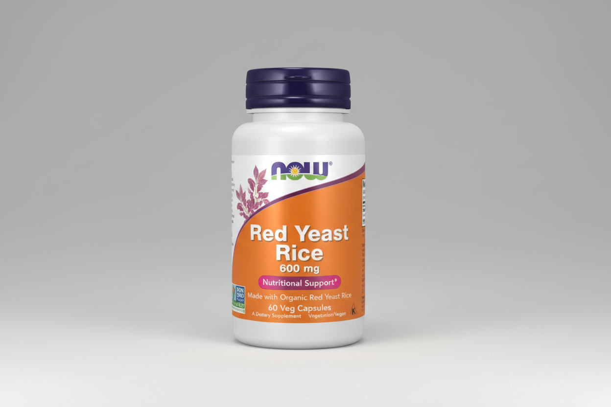 Supplement bottle labeled 'Red Yeast Rice' with NOW brand on a white background
