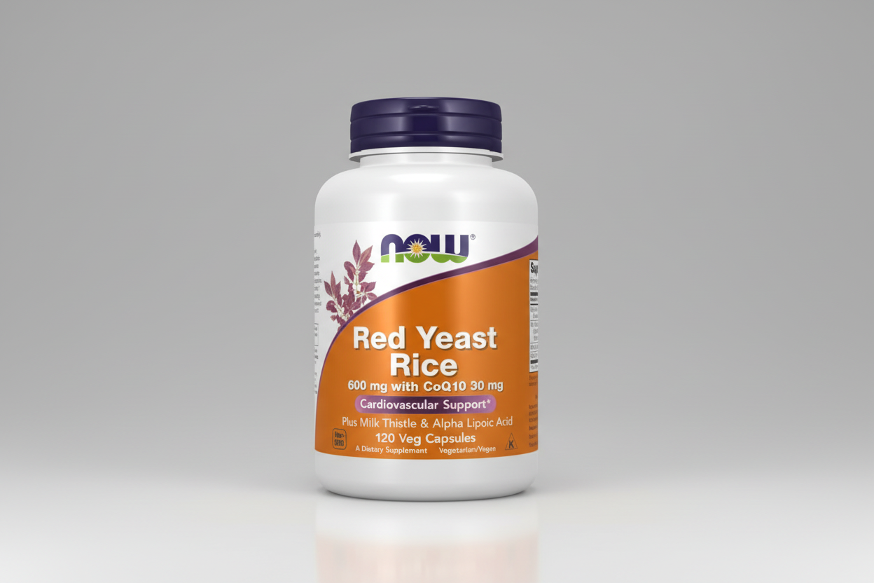 Supplement bottle labeled 'Red Yeast Rice' with NOW brand on a white background