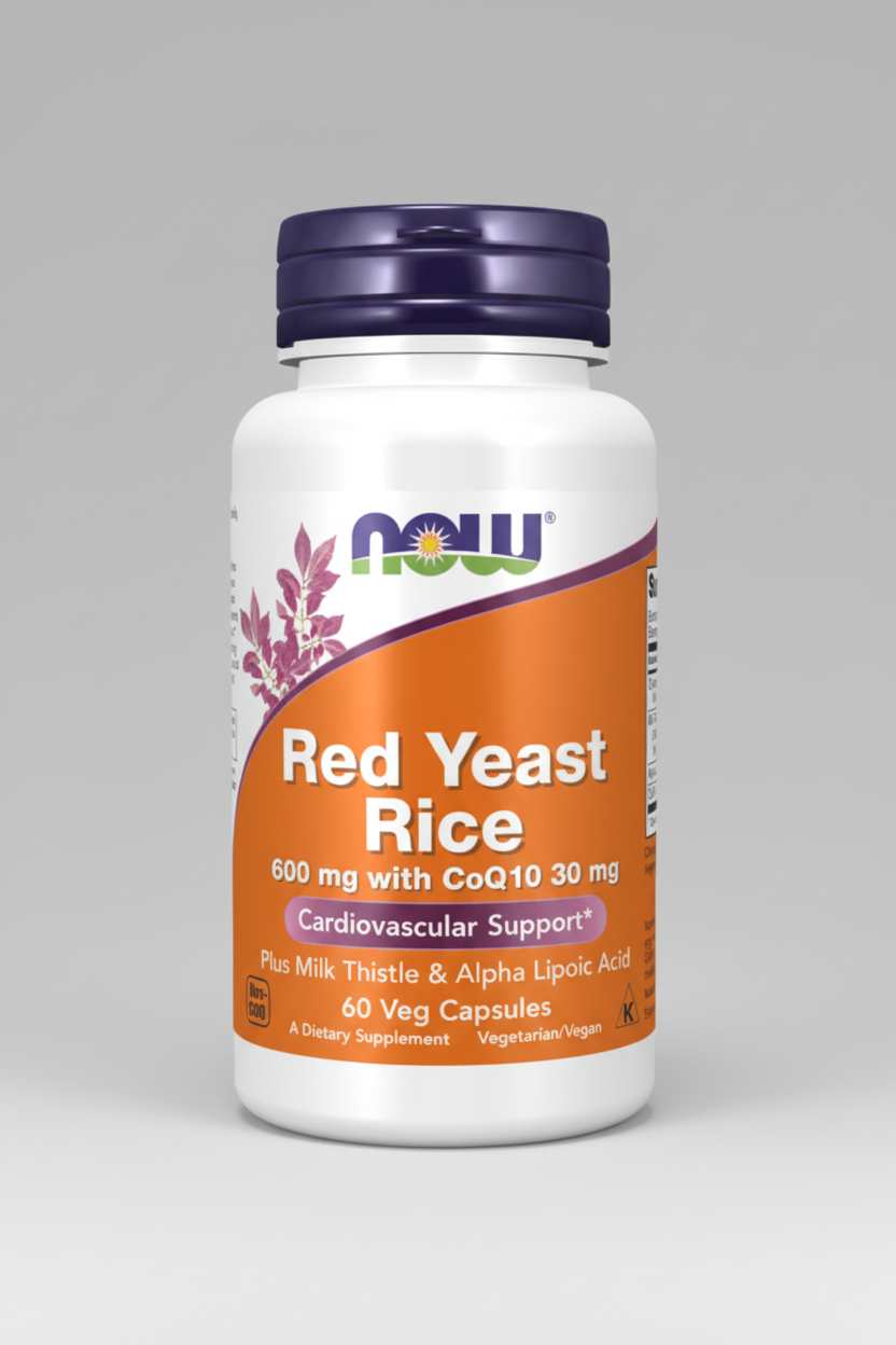 Supplement bottle labeled 'Red Yeast Rice' with NOW brand on a white background