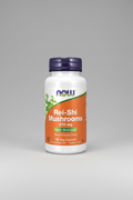 Supplement bottle labeled 'Rei-Shi Mushrooms' by NOW on a white background