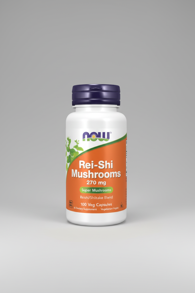 Supplement bottle labeled 'Rei-Shi Mushrooms' by NOW on a white background