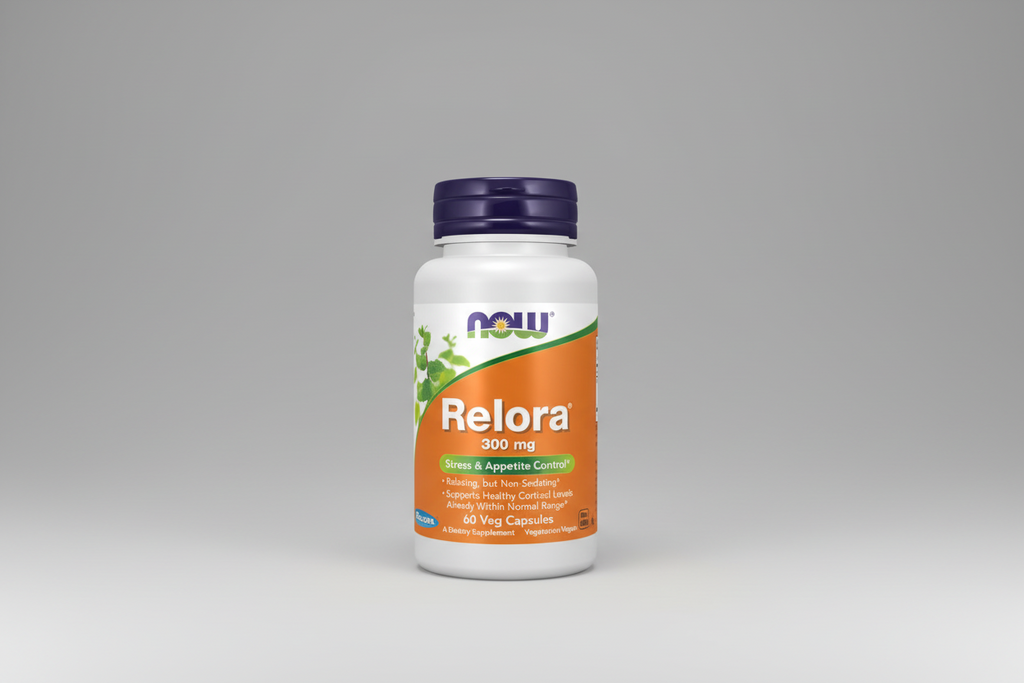 Supplement bottle labeled 'Relora' with Now Foods branding on a white background