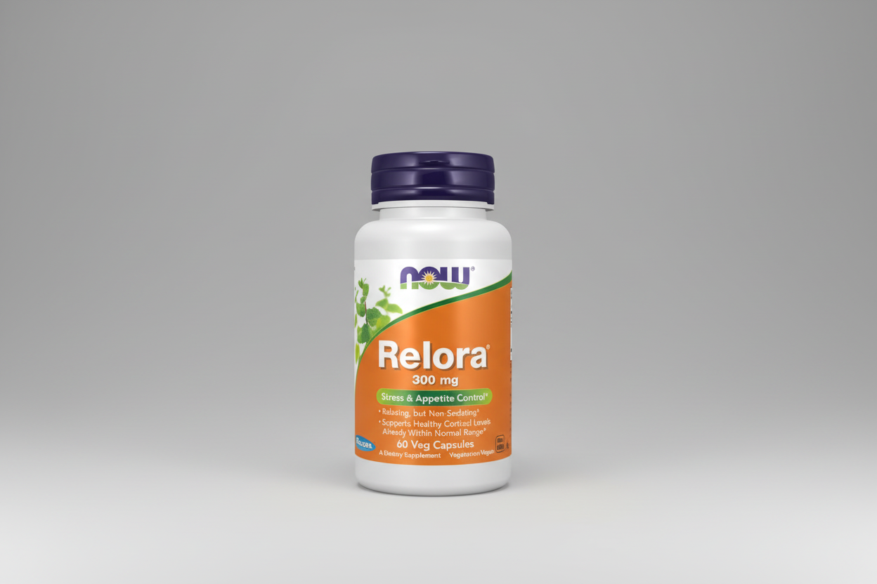 Supplement bottle labeled 'Relora' with Now Foods branding on a white background