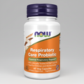Supplement bottle labeled 'Respiratory Care Probiotic' with NOW brand on a white background