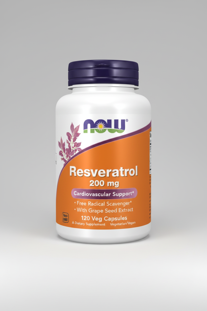 Supplement bottle labeled 'Resveratrol 200 mg' with NOW brand on an orange and white background.