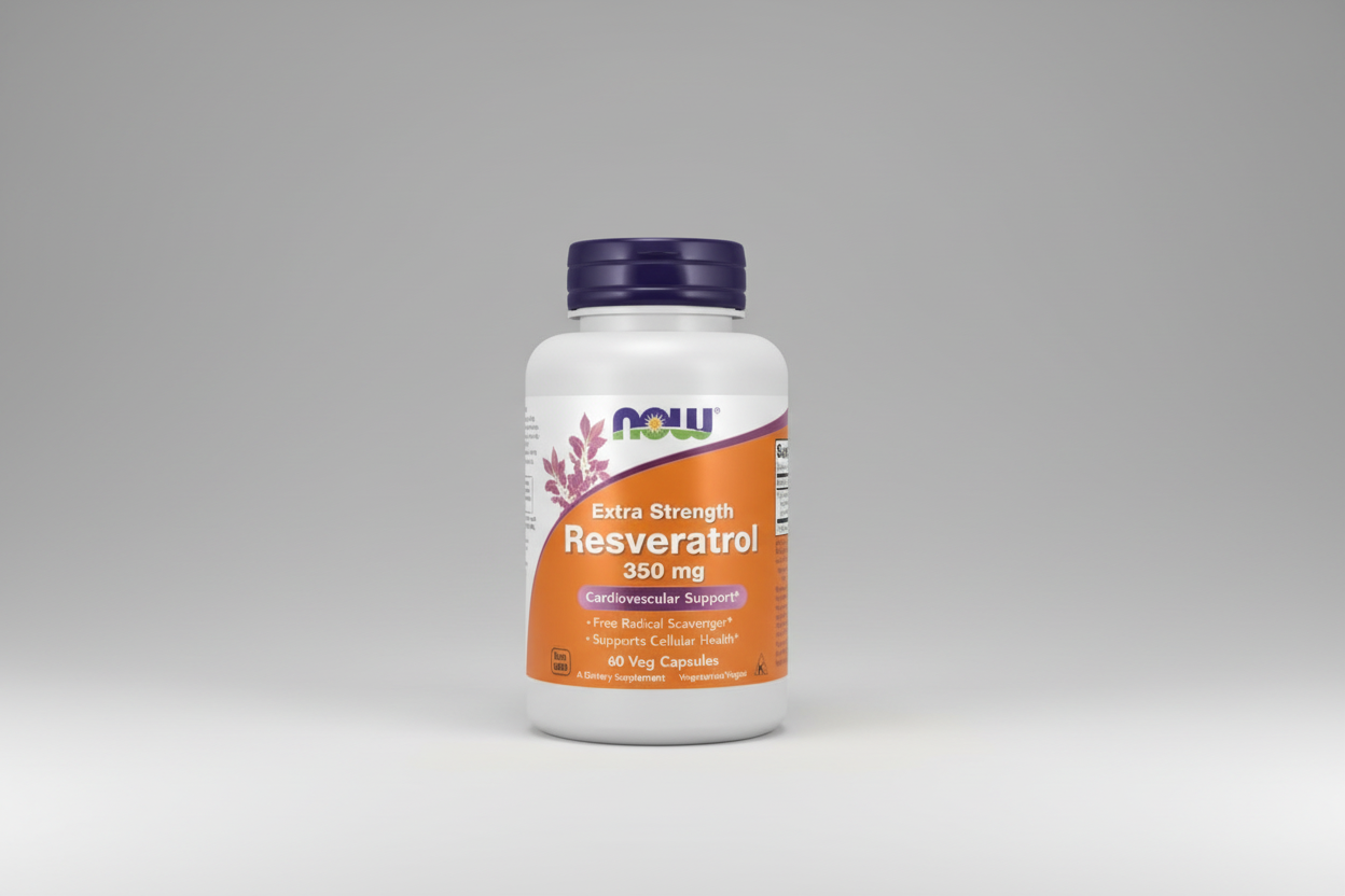 Supplement bottle labeled 'Extra Strength Resveratrol 350 mg' by NOW on a white background