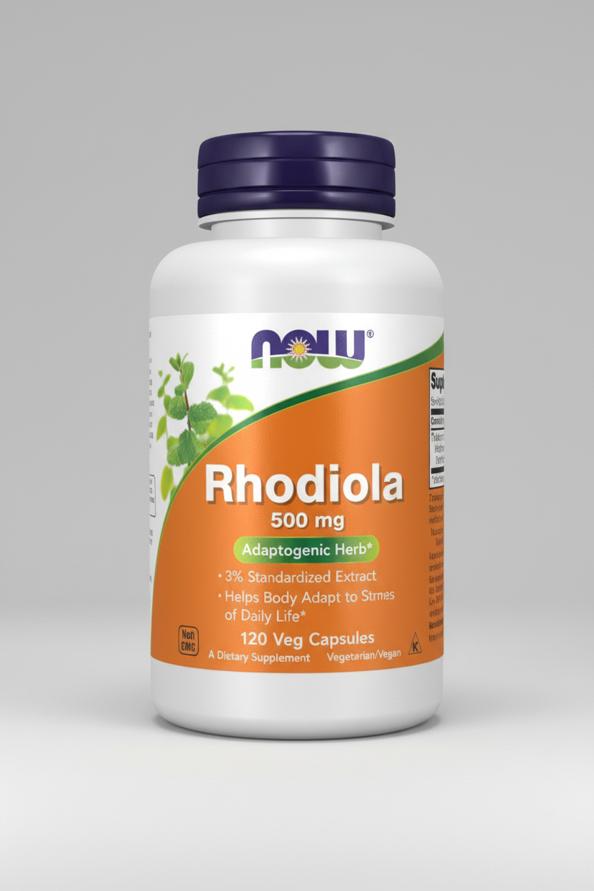 Rhodiola supplement bottle with Now brand on a white background