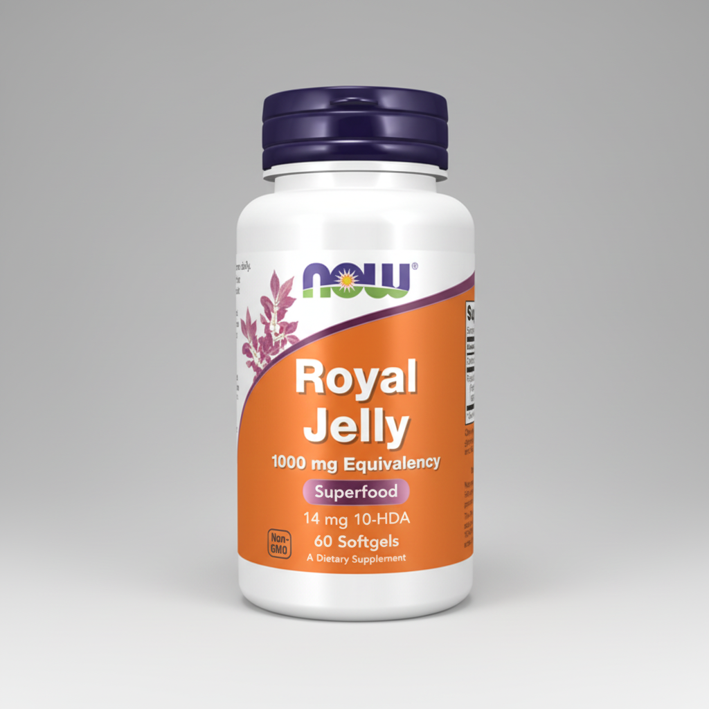 Supplement bottle labeled 'Royal Jelly' with Now brand on a white background