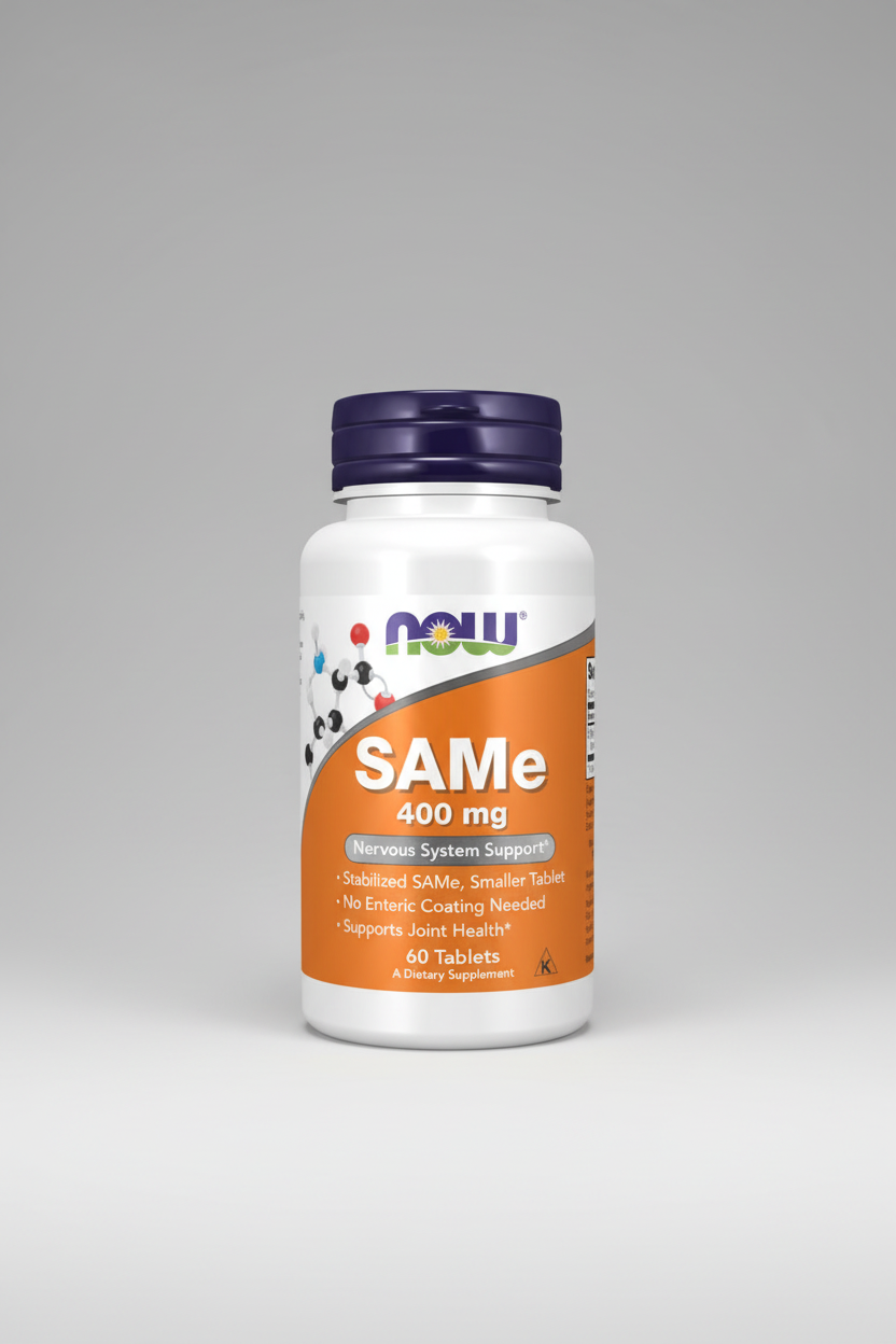 Supplement bottle labeled 'SAMe 400 mg' with NOW brand on a white background
