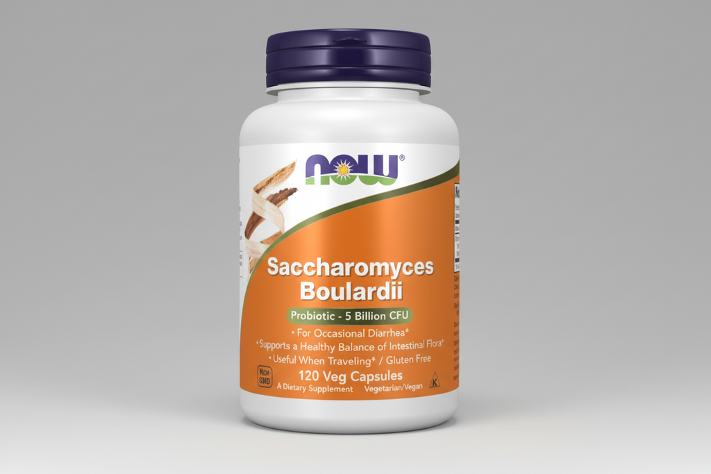 Supplement bottle labeled 'Saccharomyces Boulardii' by NOW on a white background