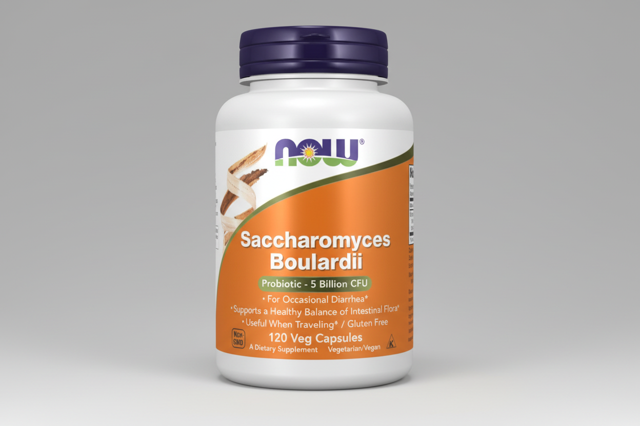 Supplement bottle labeled 'Saccharomyces Boulardii' by NOW on a white background