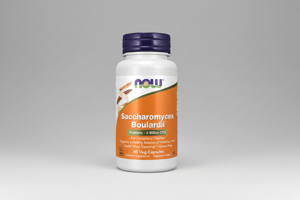 Supplement bottle labeled 'Saccharomyces Boulardii' with NOW brand on a white background