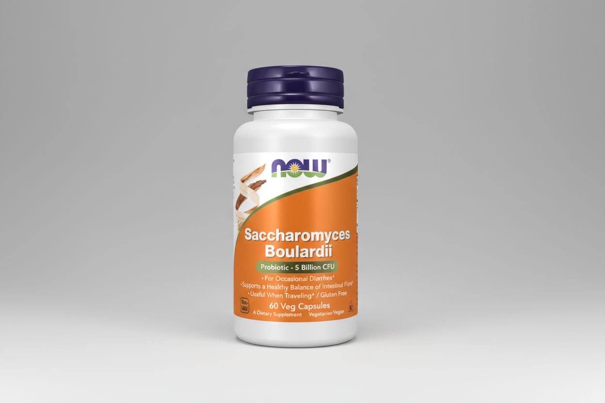 Supplement bottle labeled 'Saccharomyces Boulardii' with NOW brand on a white background