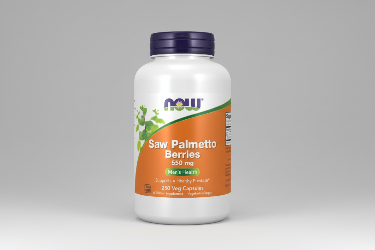 Supplement bottle labeled 'Saw Palmetto Berries' by NOW on a white background
