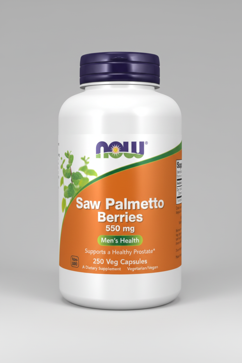 Supplement bottle labeled 'Saw Palmetto Berries' by NOW on a white background