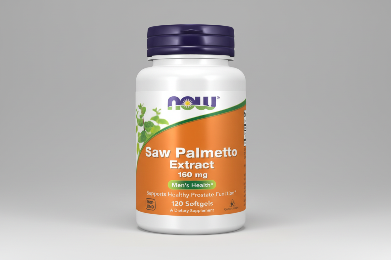 Supplement bottle of Saw Palmetto Extract with Now brand on an orange background