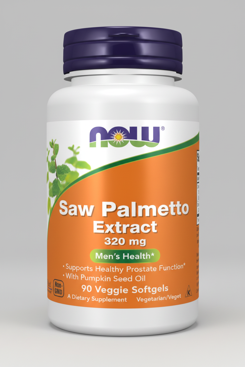 Saw Palmetto Extract supplement bottle with NOW label on a white background