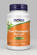 Saw Palmetto Extract supplement bottle with NOW label on a white background