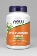 Supplement bottle labeled 'Saw Palmetto Extract' by NOW on a white background